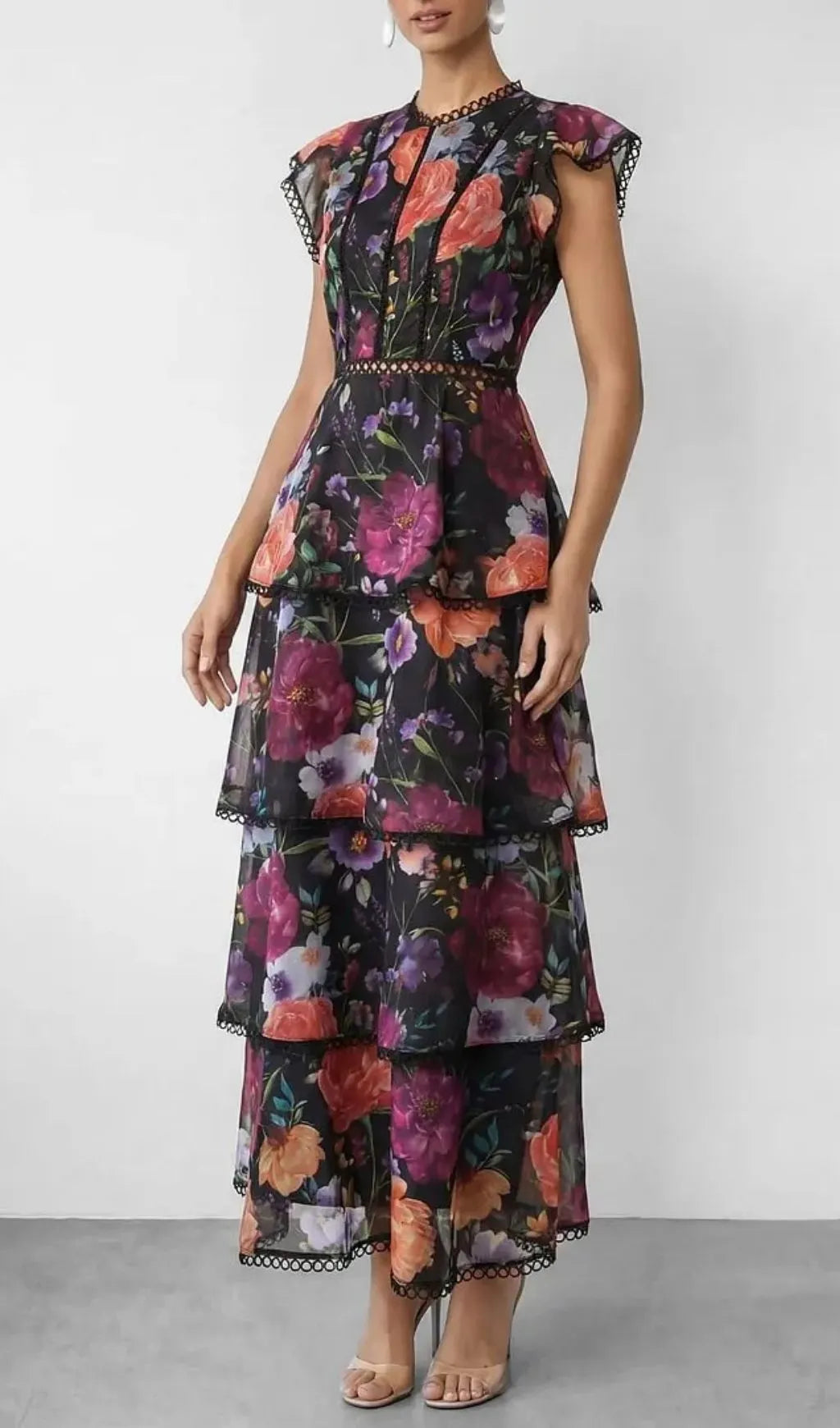 Black Floral Print Tiered Ruffle Maxi Dress Flowering Girl
