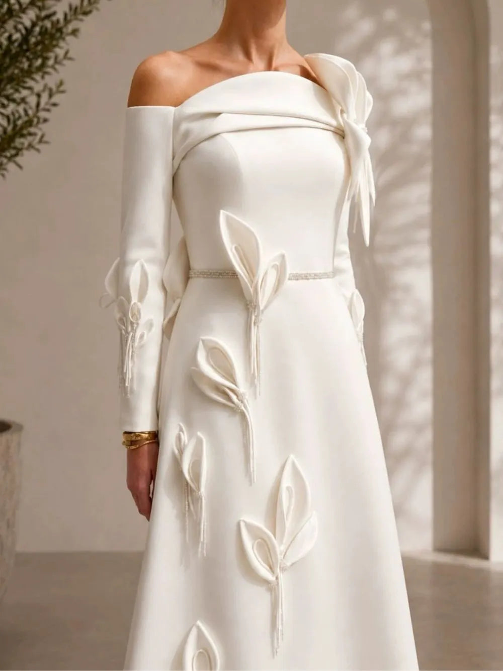 Mandell White Off-Shoulder Flower Long Sleeve Maxi Dress Flowering Girl