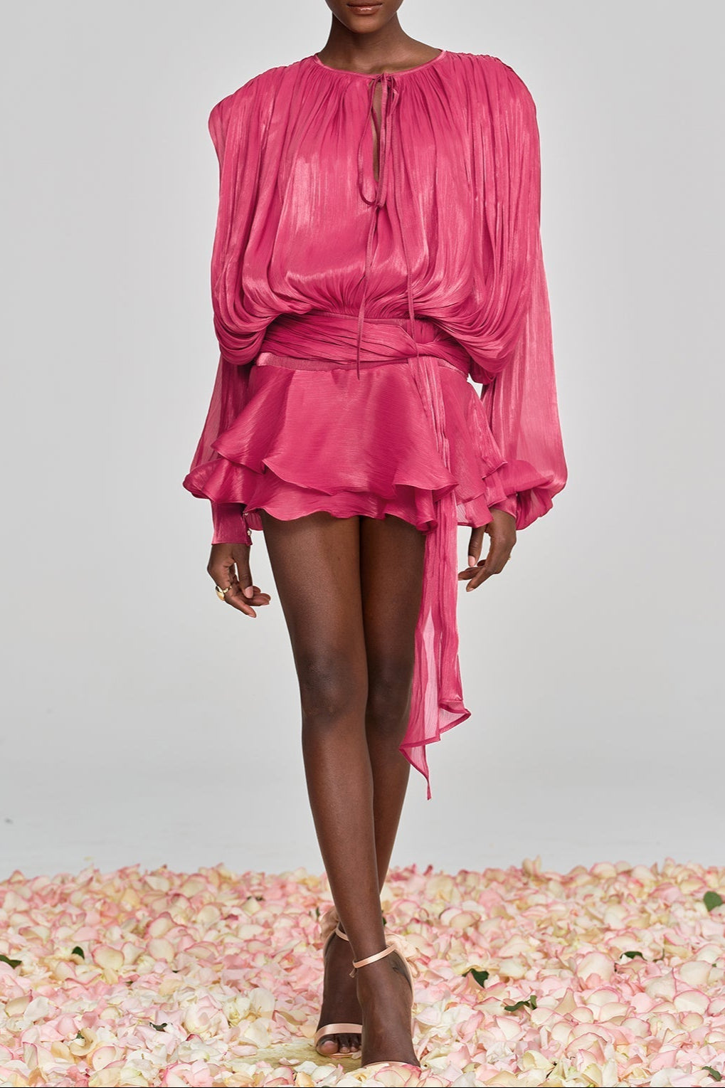 Hermosa Balloon Sleeve Ruch Ruffle Mini Dress In Rose Red Flowering Girl