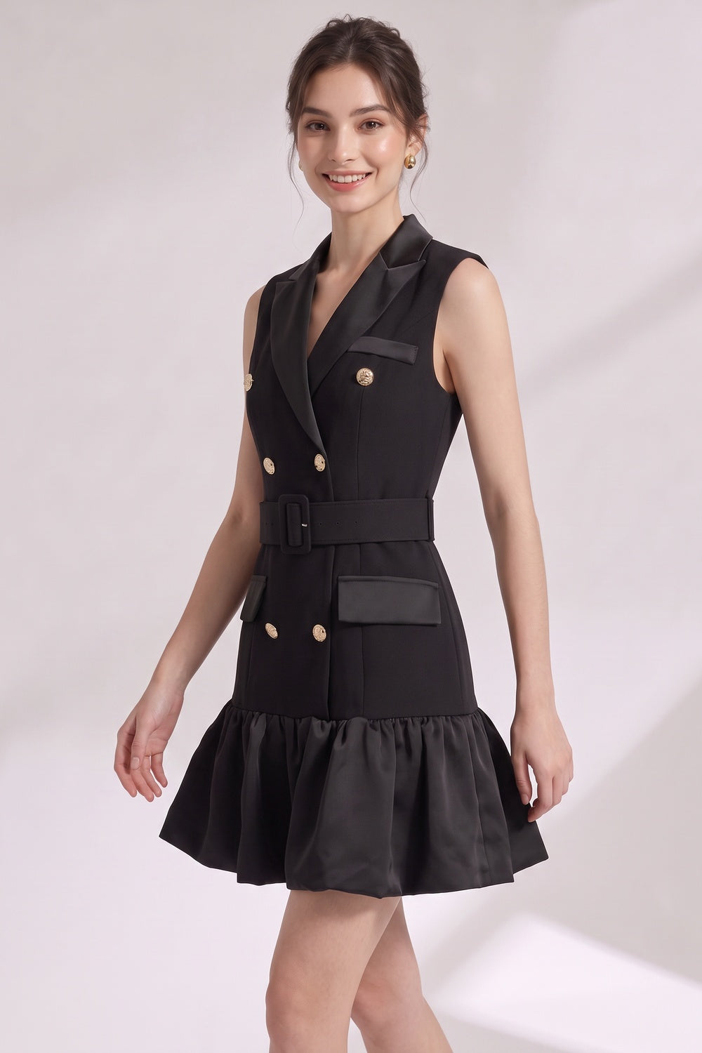 Black Matte Suiting Crepe Tailored Bodice with Flared Ruffled Hem Blazer Dress Flowering Girl