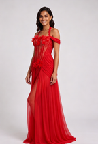 Red Halter Neck Floor-Length Gown with Floral Appliqué Flowering Girl