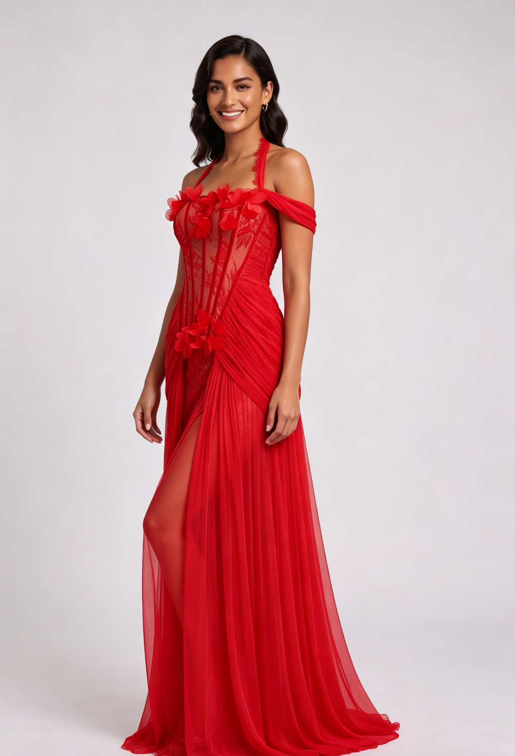 Red Halter Neck Floor-Length Gown with Floral Appliqué Flowering Girl