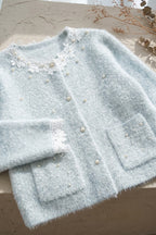 Pale Ice Blue Mohair-Blend Knit Boxy, Slightly Cropped Cardigan Flowering Girl