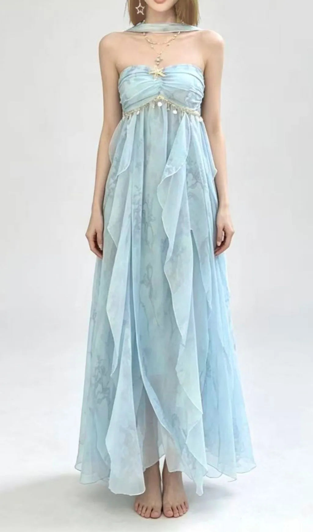 Laverna Blue Strapless Printed Maxi Dress Flowering Girl