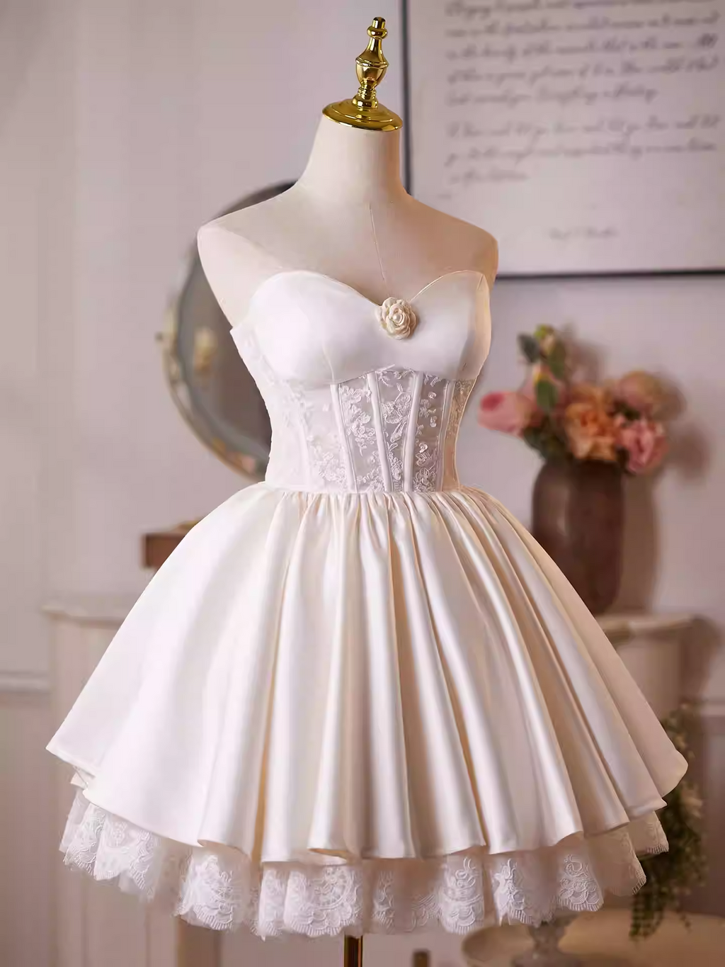 Helen White Flower Strapless Lace Satin Mini Dress Flowering Girl