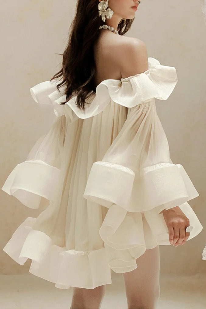 Bernice Ruffle Layer Crinkle Chiffon Mini Dress In White Flowering Girl