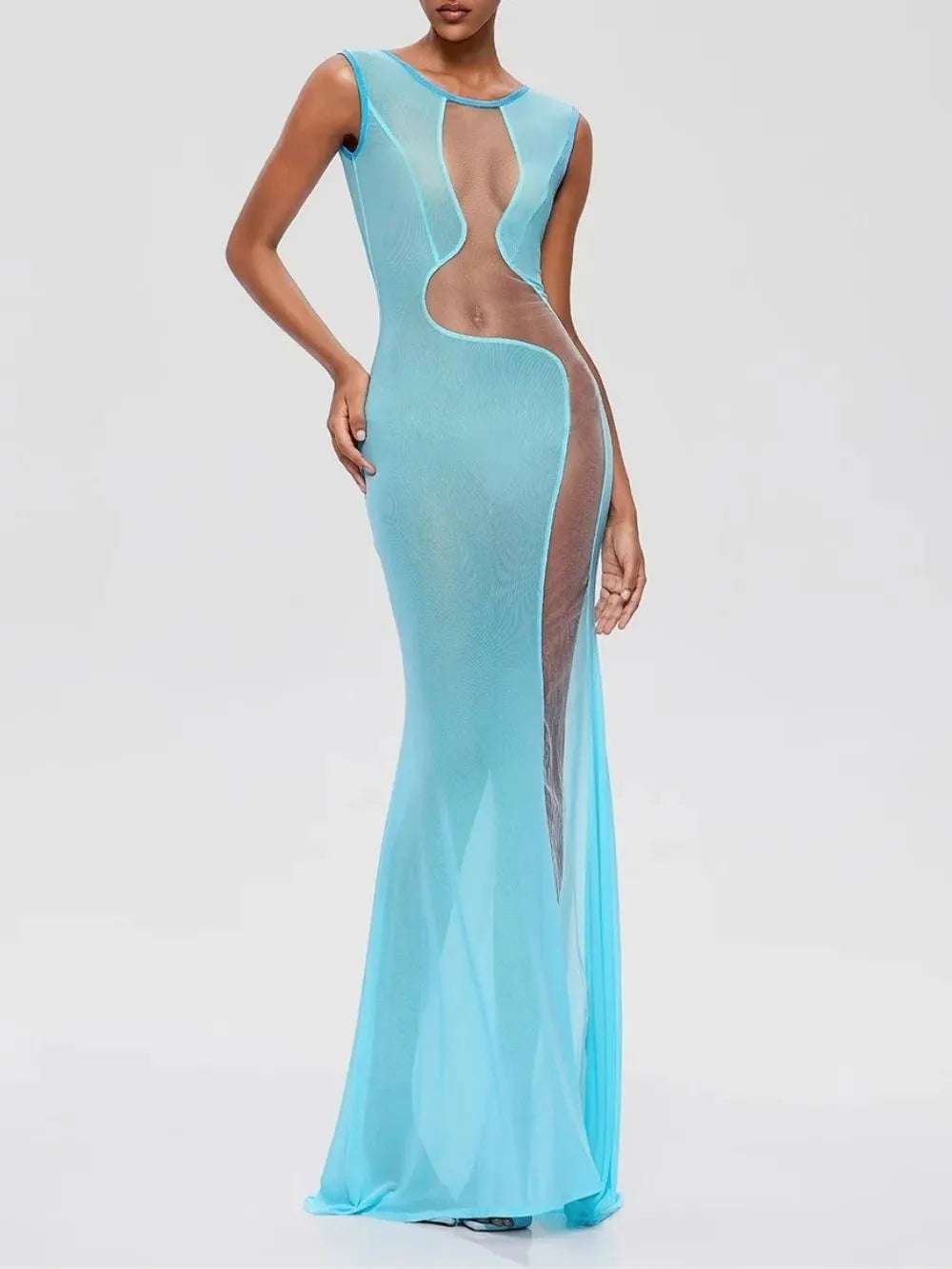 Furaira Sleeveless See Through Maxi Dress In Sky Blue Flowering Girl