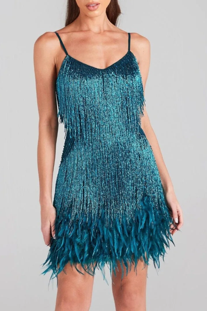 Emerald Tassel Feather Mini Dress Flowering Girl