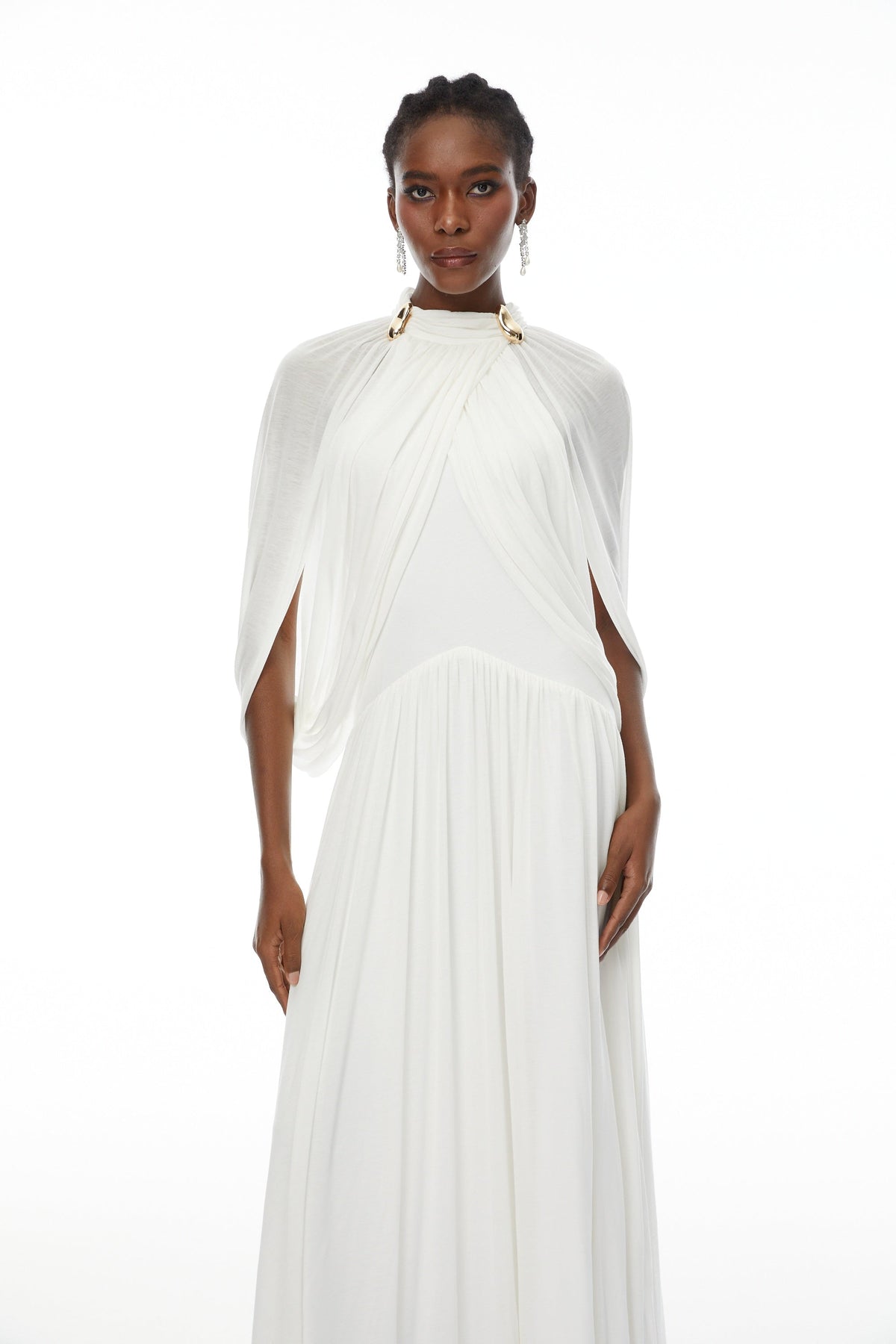 Leona White Draped Cape Sleeve Knit Maxi Dress Flowering Girl