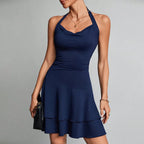 Blue Halter Neck Backless Ruffle Mini Dress Flowering Girl