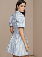 Blue White Stripe Collared Puff Sleeve Button Front Mini Shirt Dress Flowering Girl