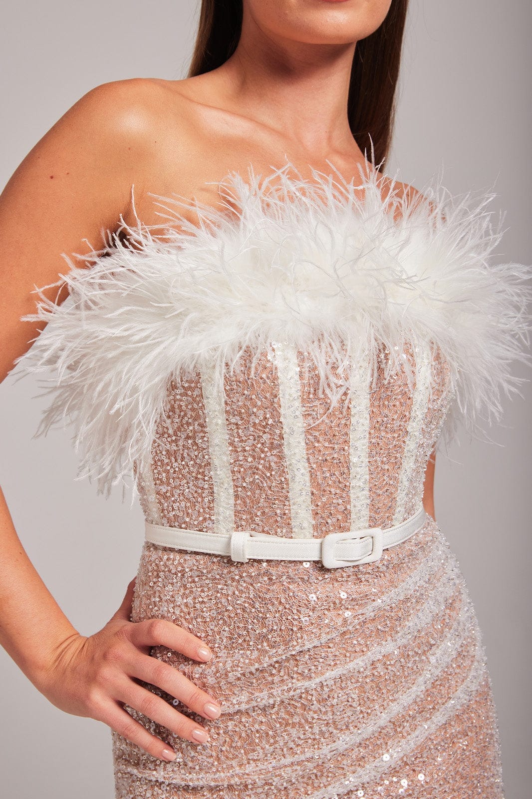 Strapless Sequin Feather Mini Dress Flowering Girl