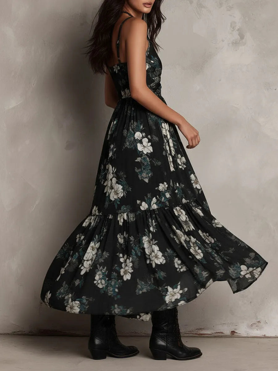 Black Bohemian Floral Print Irregular Strapless Maxi Dress Flowering Girl