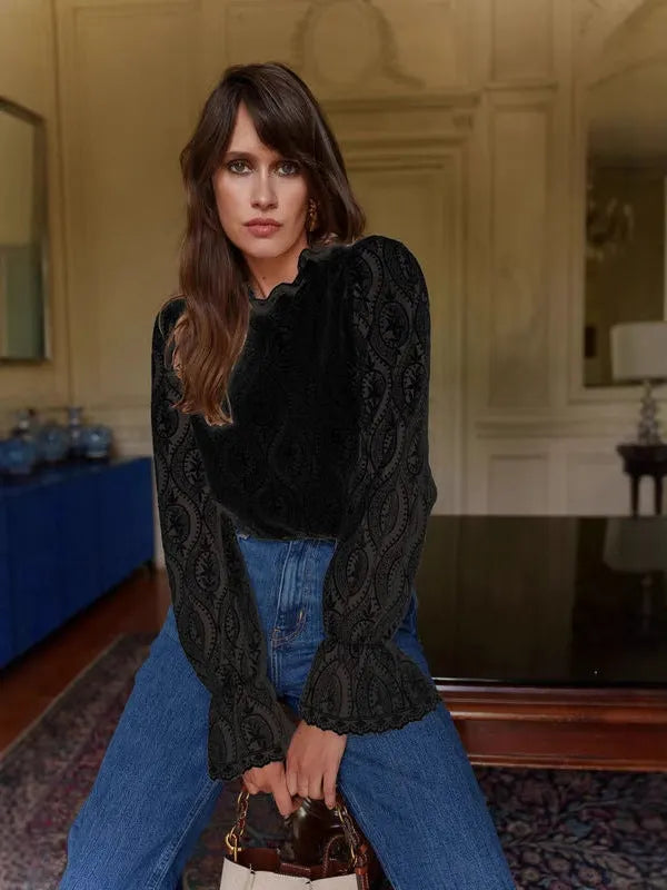 Hollow Lace Long-Sleeved Top Shirt Flowering Girl