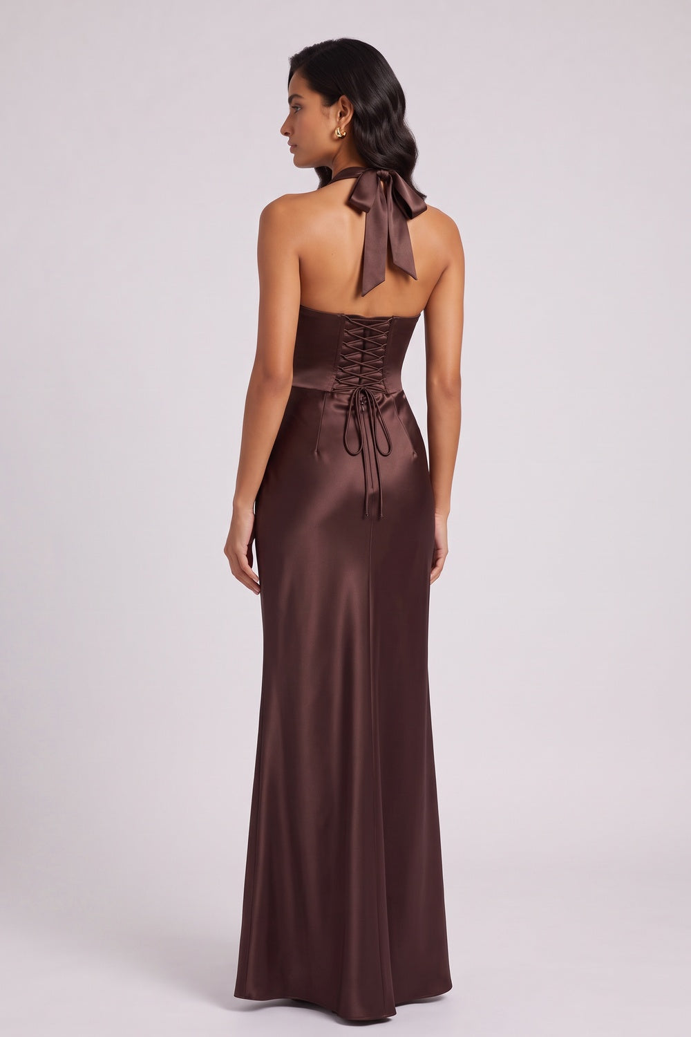 Chocolate Brown Satin Column Gown Flowering Girl
