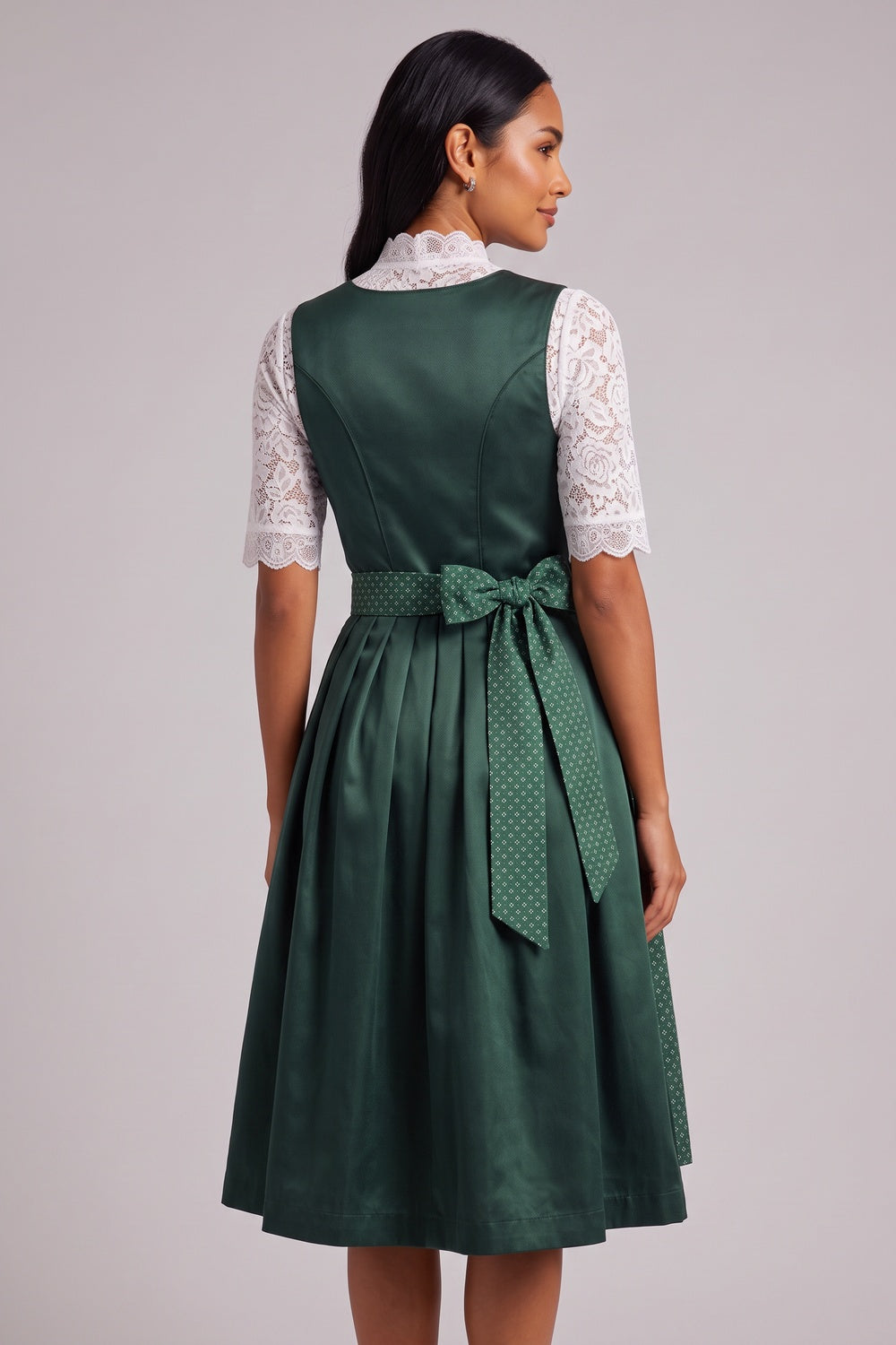 Dark Green Satin-Finish Polyester Or Silk Blend Fit-And-Flare Dirndl Set Flowering Girl