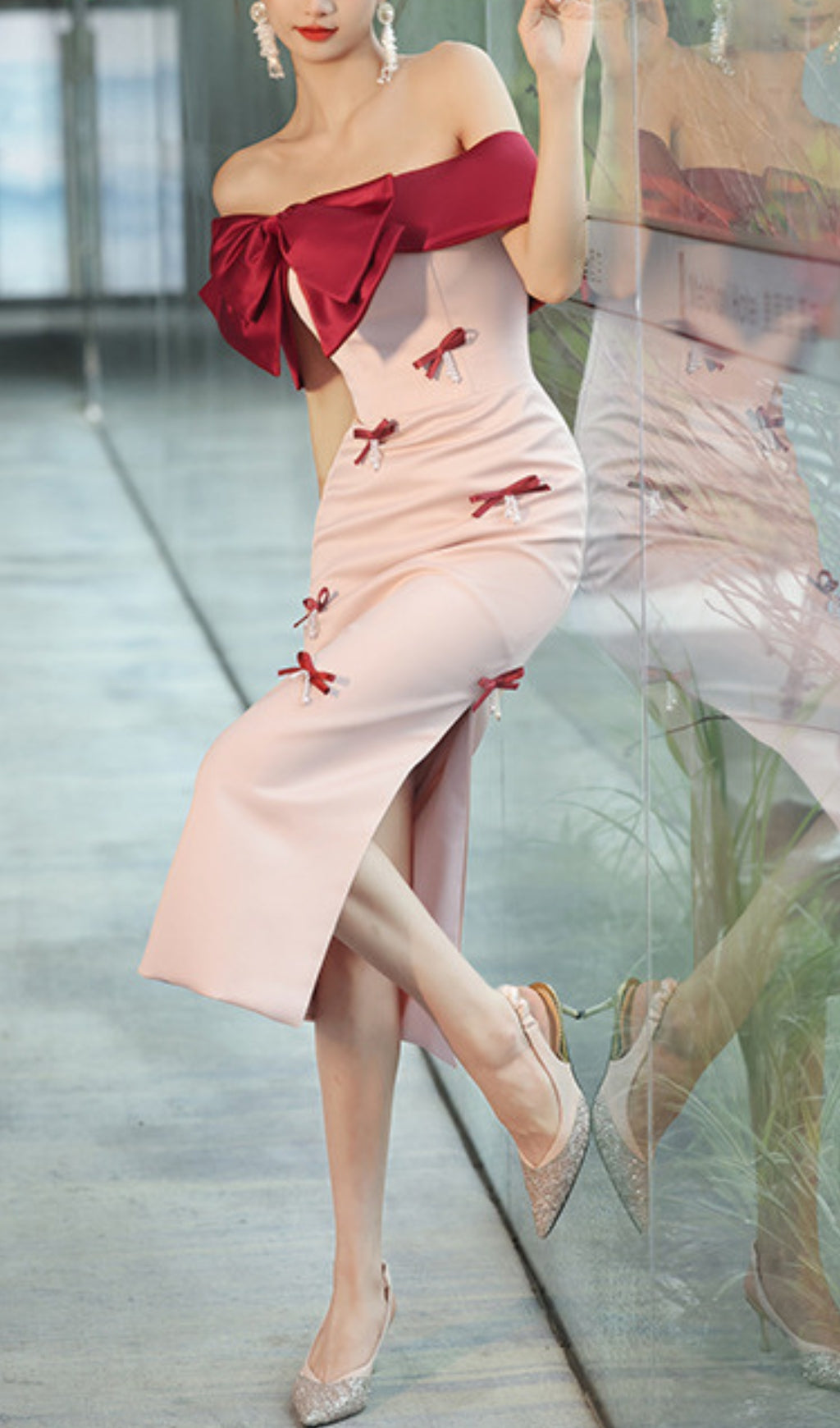 Ashly Faux Pearl Bow Midi Dress Flowering Girl