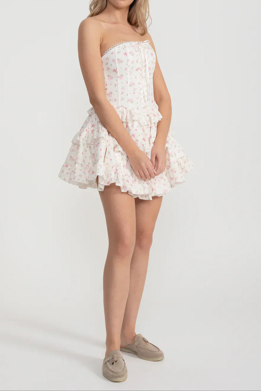 Martha Ruffle Printed Strapless Mini Dress In Pink Flowering Girl