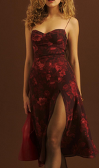 Floral Print Slit Midi Dress In Burgundy Flowering Girl
