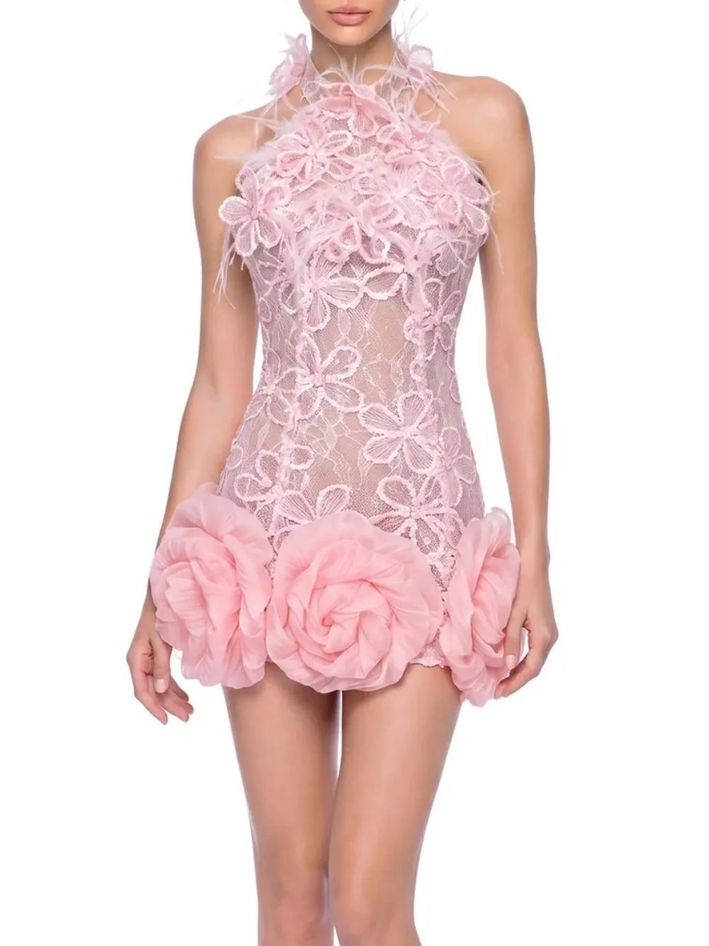 Ulanne Flower Lace Mini Dress In Pink Flowering Girl