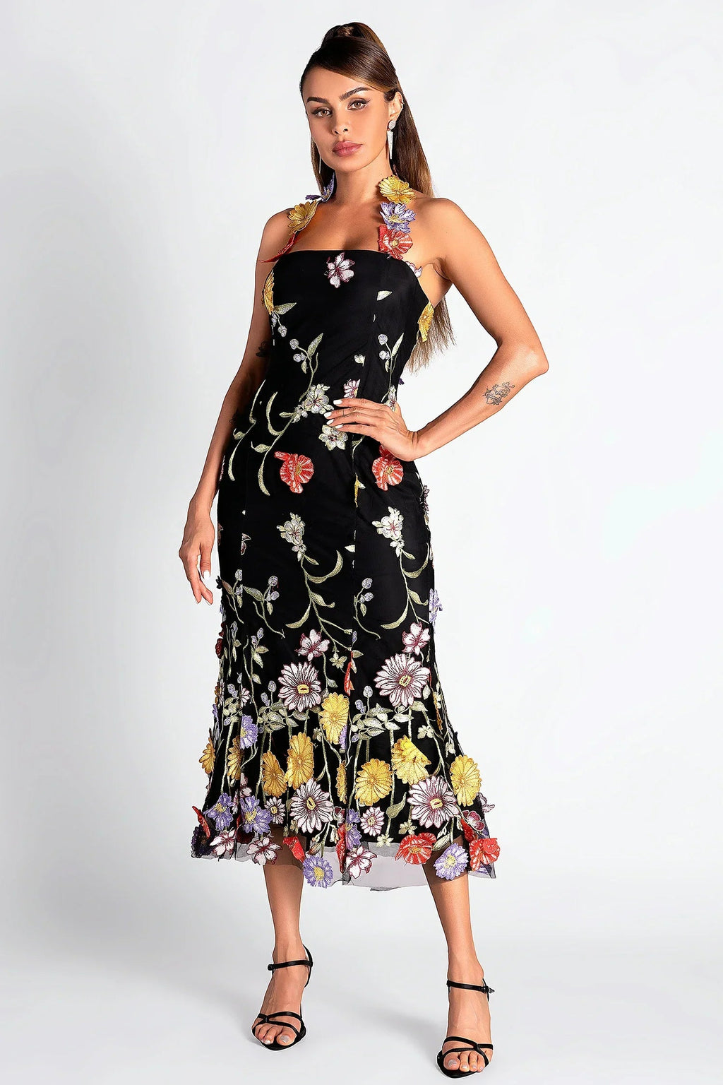 Halter Embroider Floral Midi Dress In Black Flowering Girl