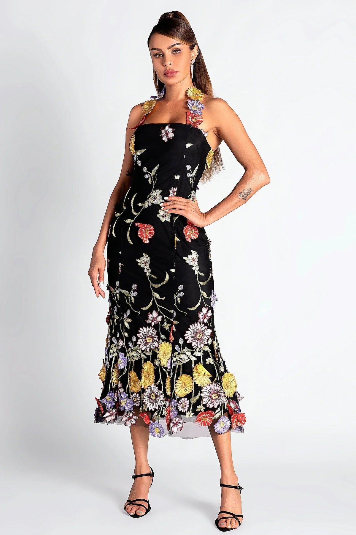 Halter Embroider Floral Midi Dress In Black Flowering Girl