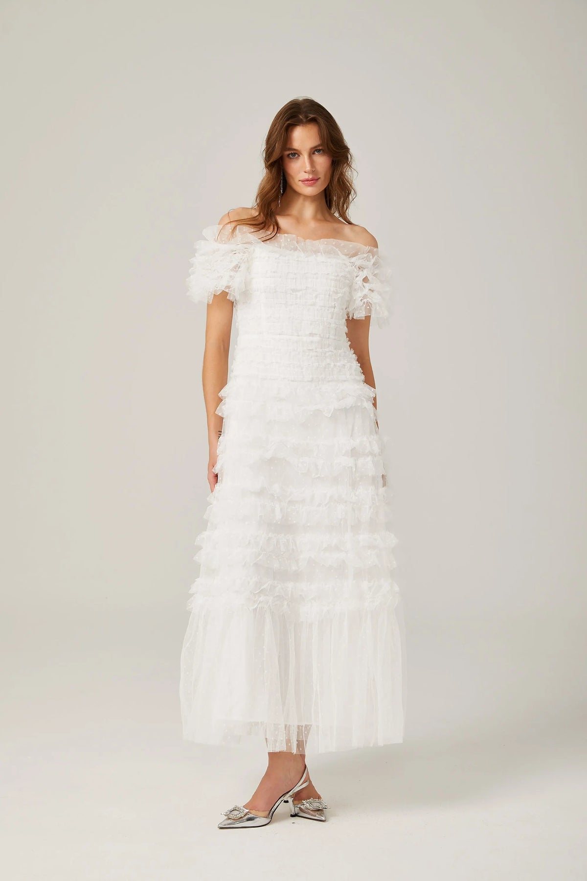 Joyce Ruffled Tulle Tiered Strapless Midi Dress In White Flowering Girl