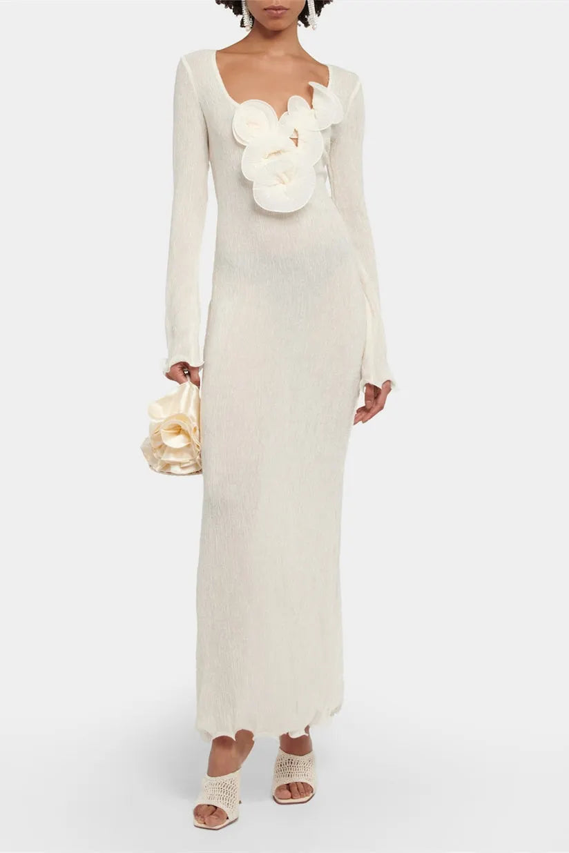 Long Sleeve V-Neck Slit Maxi Dress Solid Color Flowering Girl