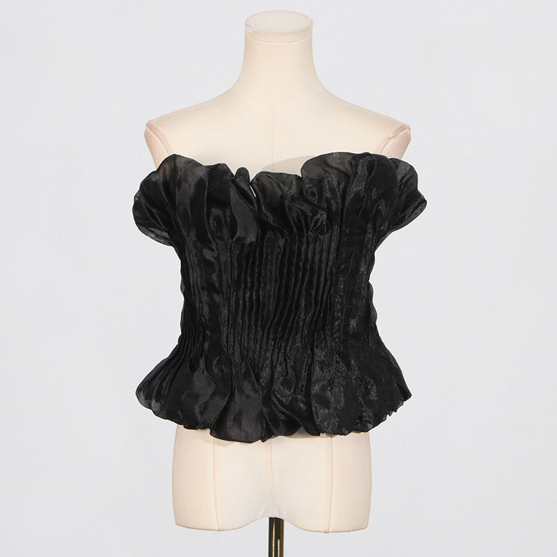 Print Ruffle Trim Top In Black Flowering Girl