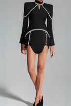Diamond Chain Embellished Trumpet Sleeve Mini Dress In Black Flowering Girl