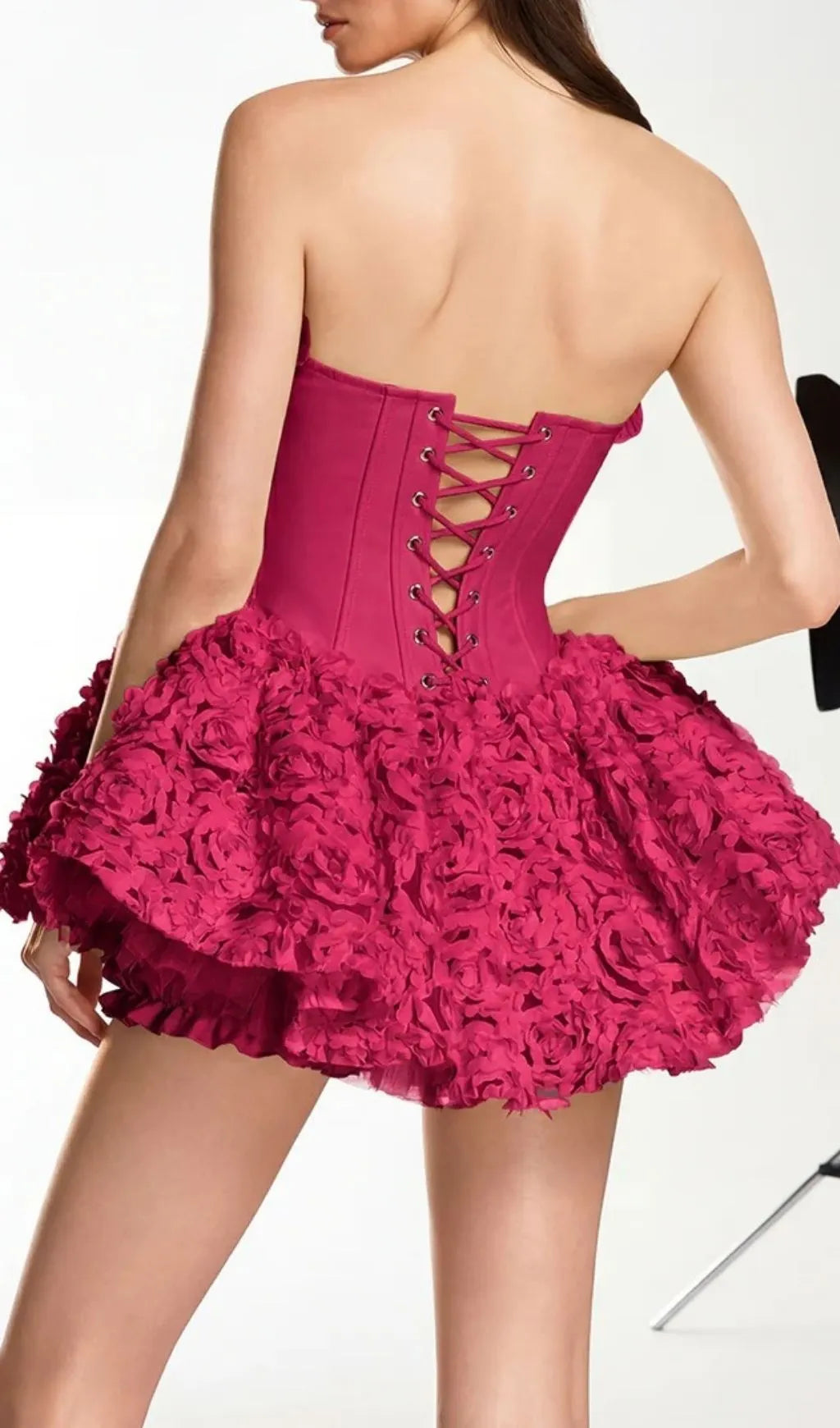 Ulthar Strapless Flower Mini Dress In Hot Pink Flowering Girl