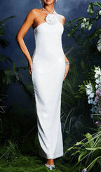 Tasso Halterneck Flower Sequin Maxi Dress In White Flowering Girl