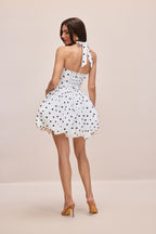 White Black Polka Dot Halter Square Neck Bubble Mini Dress Flowering Girl