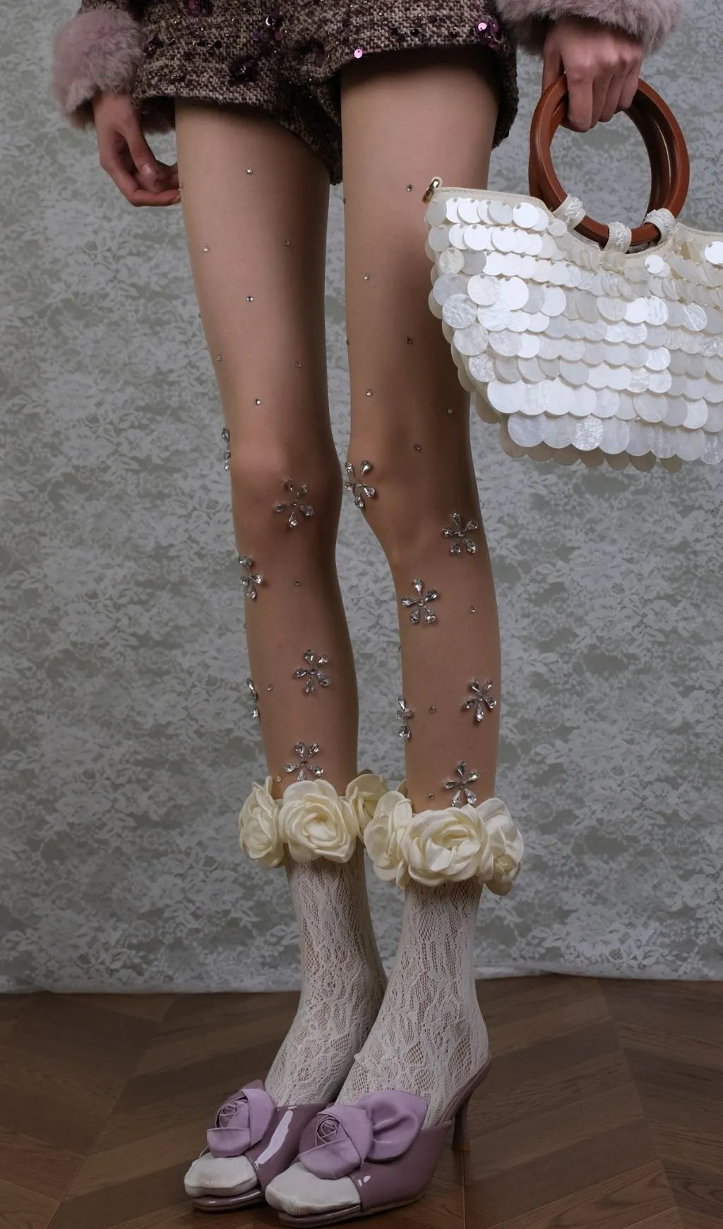 Diamante Embellished Tights & Rose Socks Set Flowering Girl
