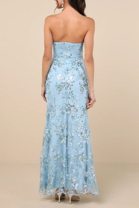 Sequin Print Strapless Bustier Maxi Dress In Blue Flowering Girl