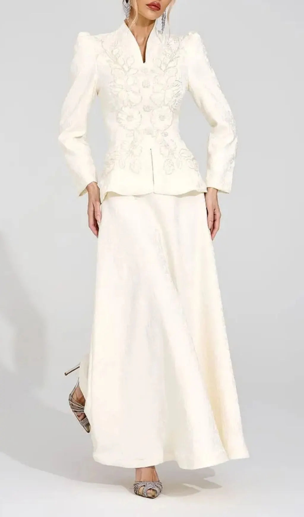 Sabrina Floral Embroidered Coat Maxi Skirt Set - Apricot Flowering Girl