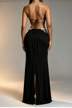 Black High Rhinestone Halter Double Crystal Band Side Waist Cutout Ruched Draped Mermaid Floor Length Formal Dress Flowering Girl
