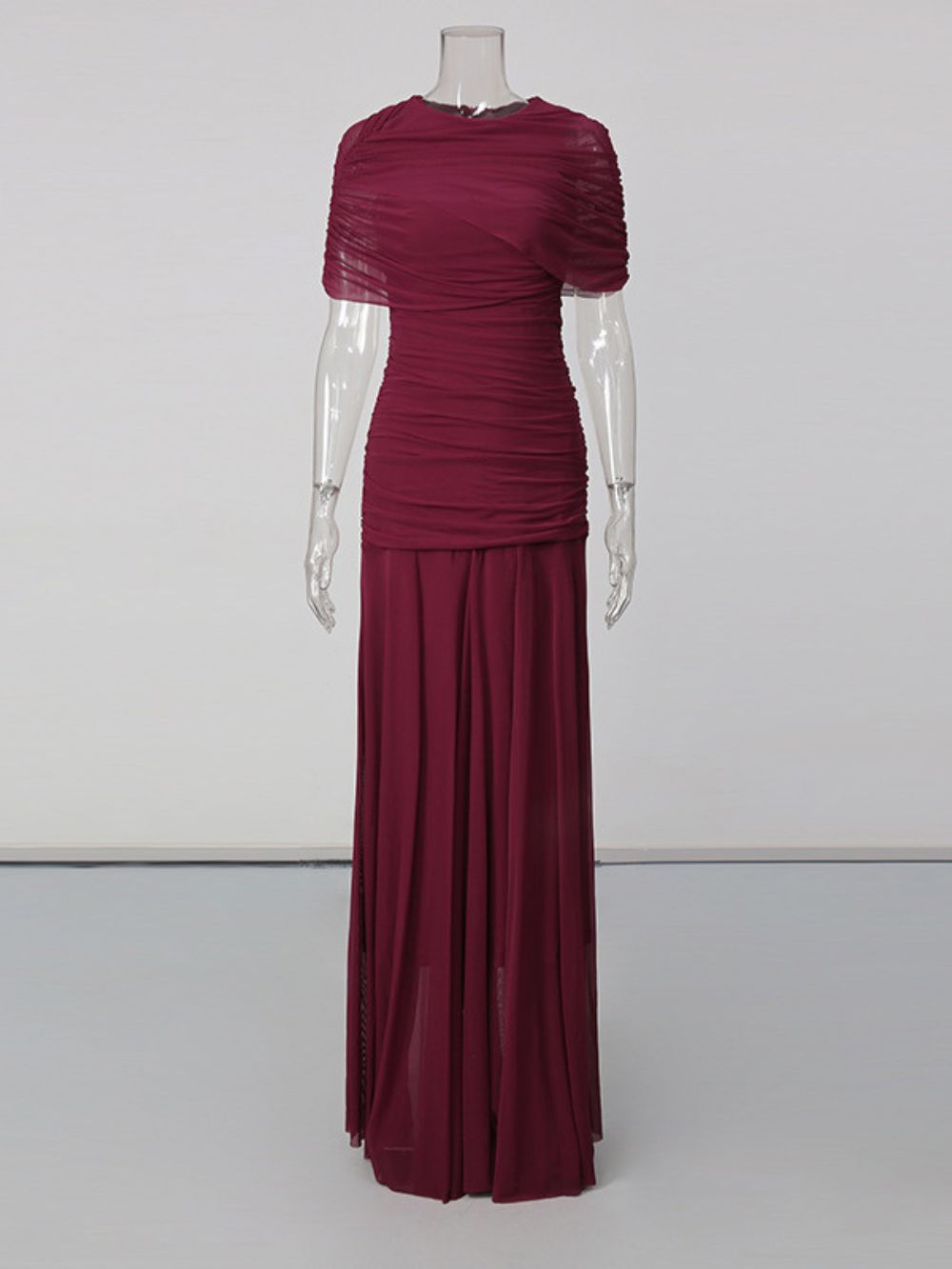 Suttoa Mesh Shawl Ruched Maxi Dress - Wine Flowering Girl