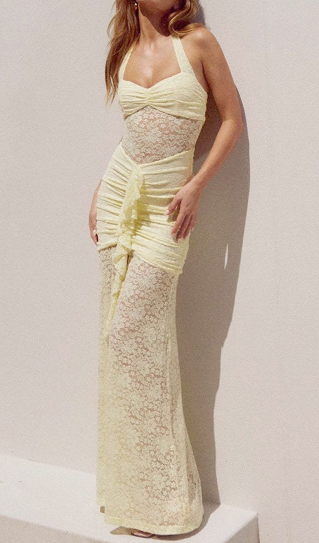 Fusayo Yellow Halter Ruched Lace Maxi Dress Flowering Girl