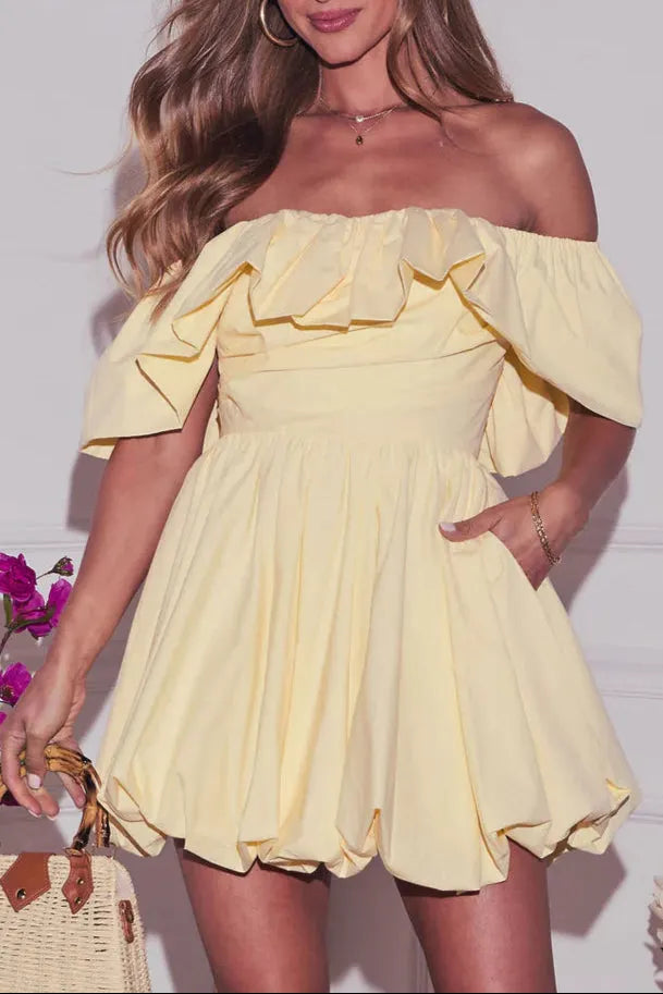 Ruffle Off-Shoulder puffy Mini Dress in yellow Flowering Girl