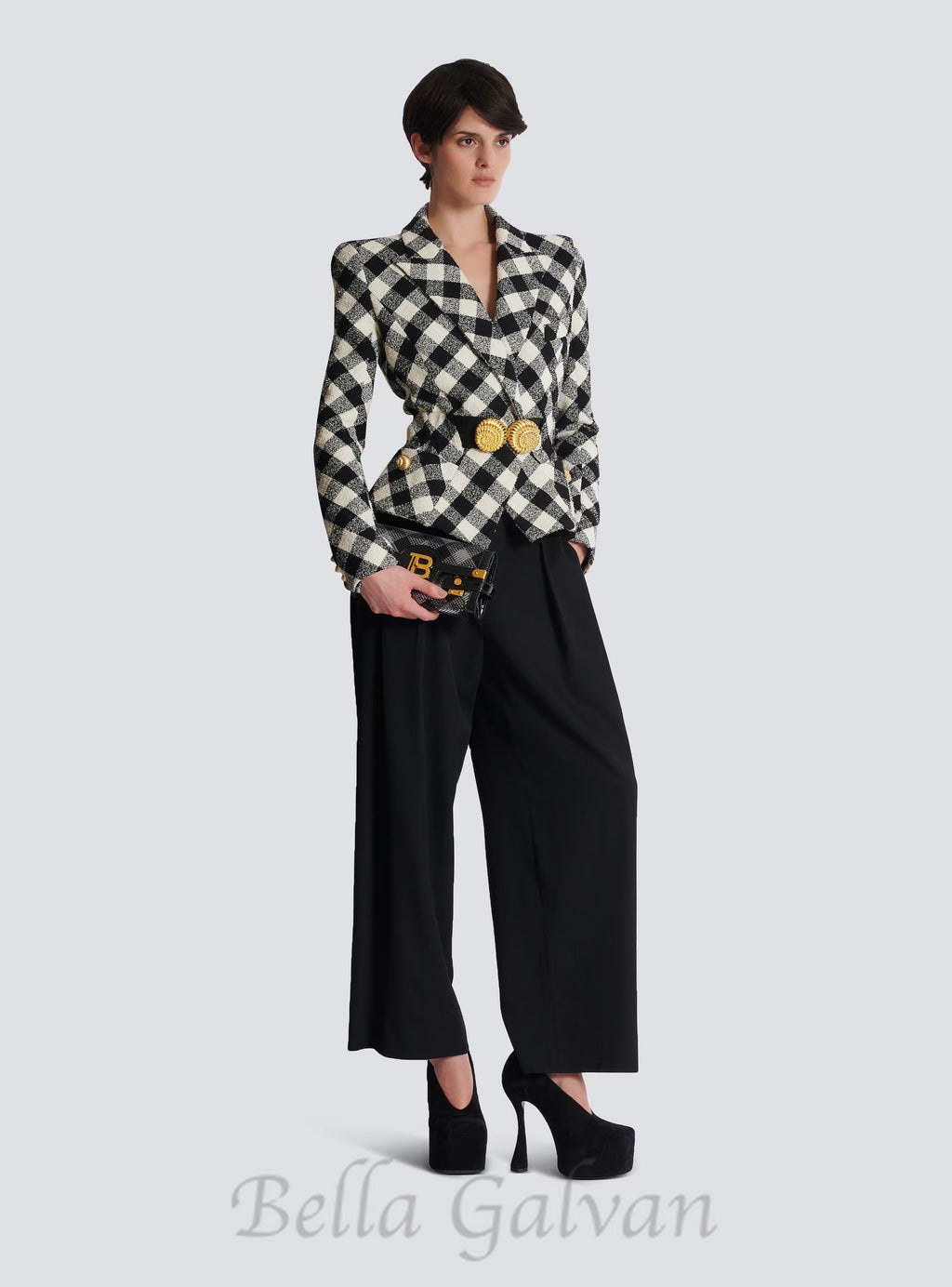 Belted gingham tweed jacket with two Snail buttons Flowering Girl