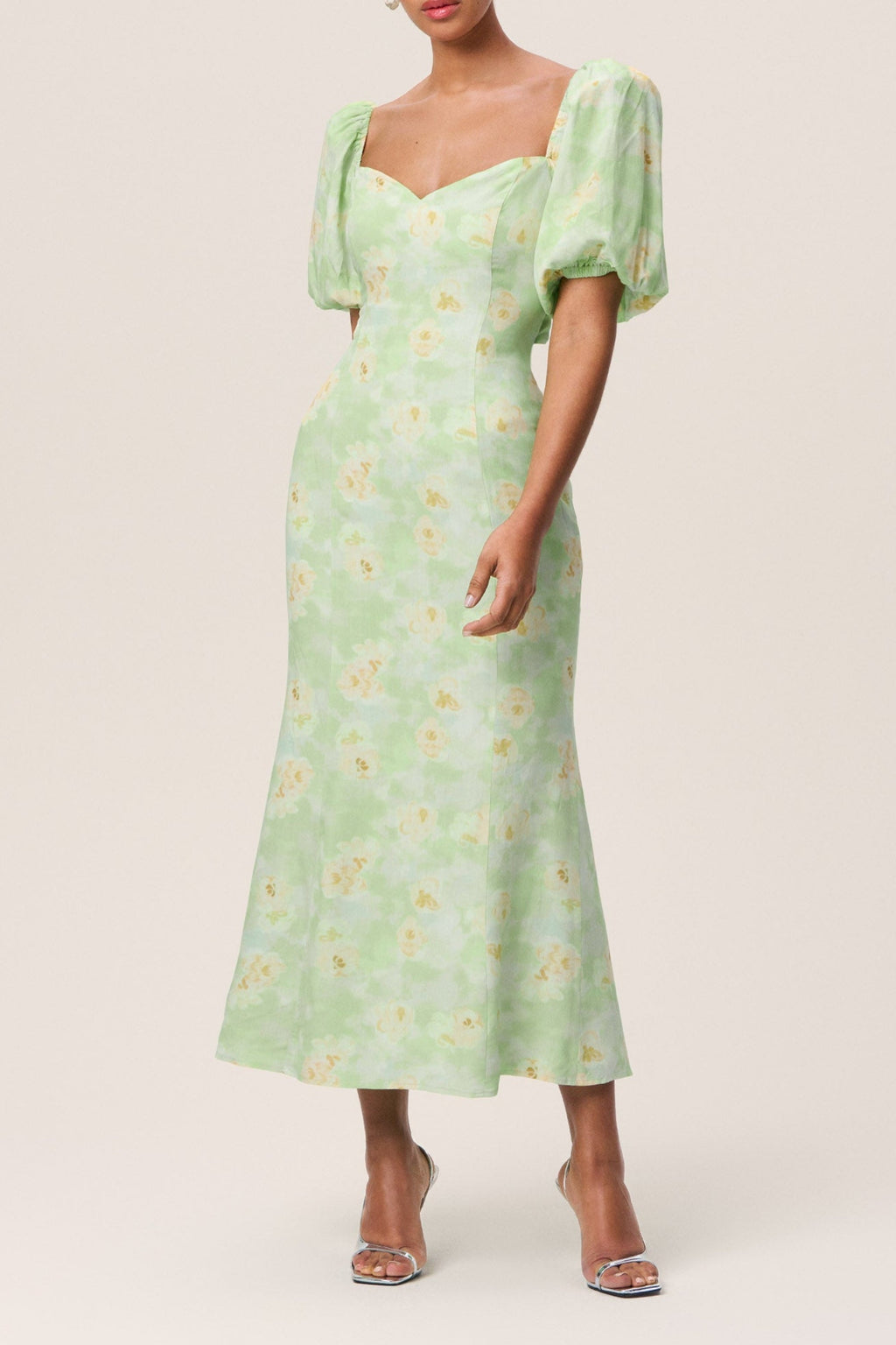 Floral Puff Sleeve Midi Dress In Green Flowering Girl