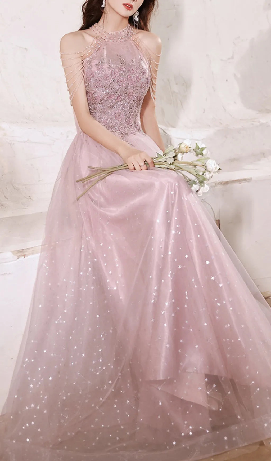 Cleon Halter Flower Sequin Maxi Dress Flowering Girl