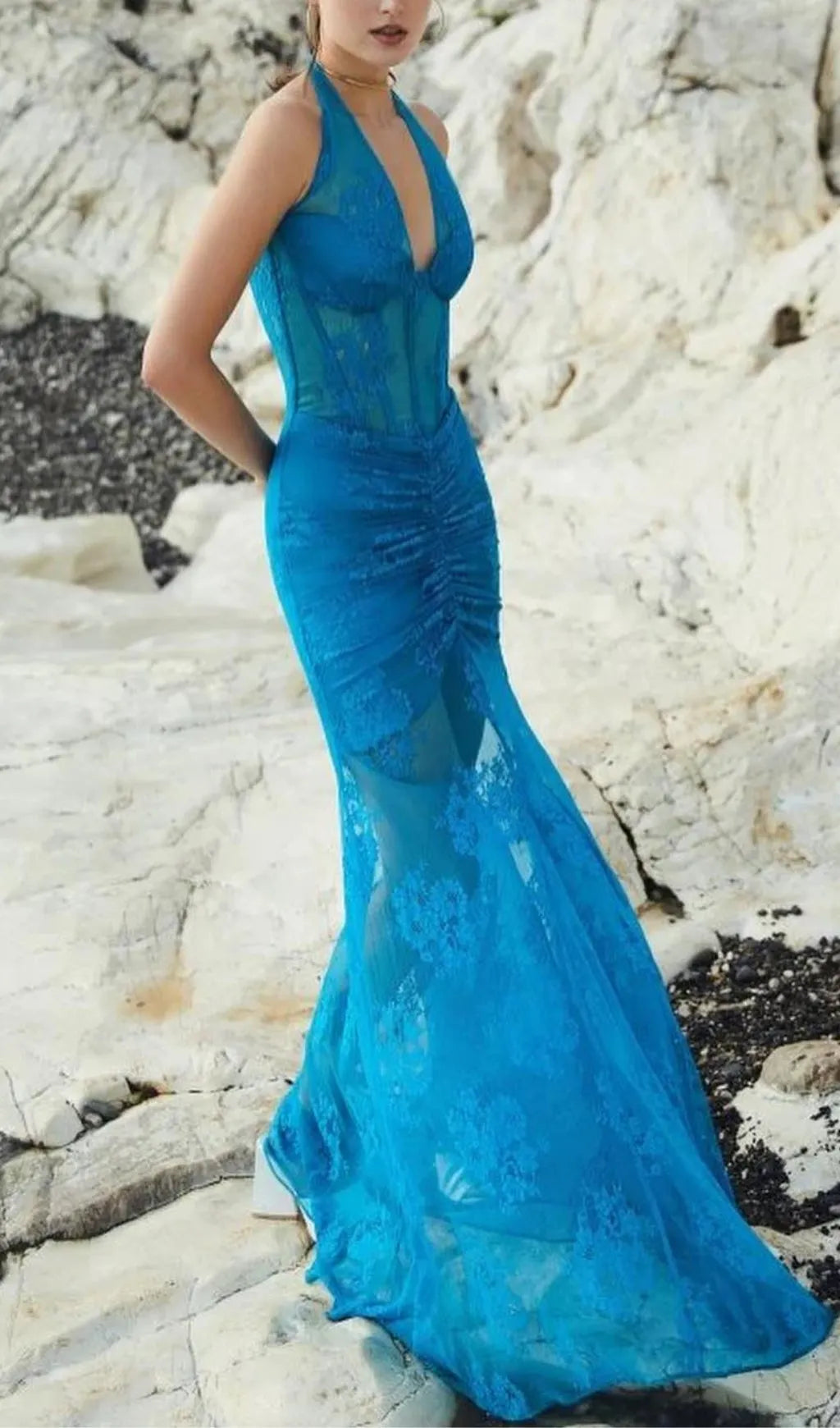 Aoife Blue Bustier Floral Lace Gown Flowering Girl