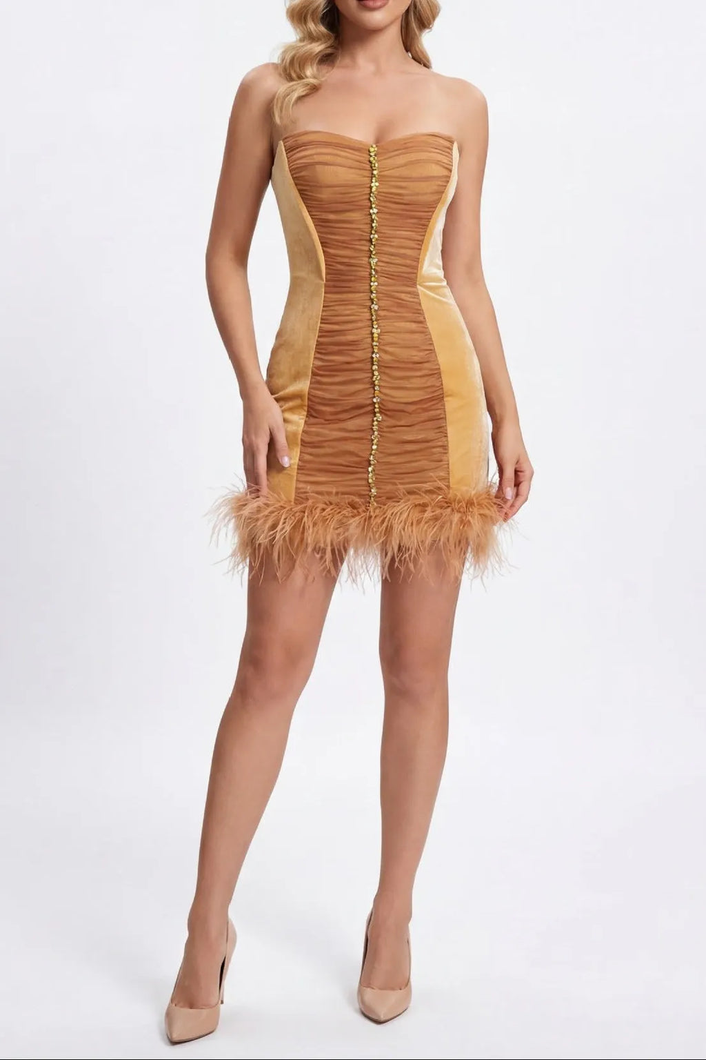 Anna Rhinestone Embellished Feather Strapless Mini Dress In Pale Brown Flowering Girl