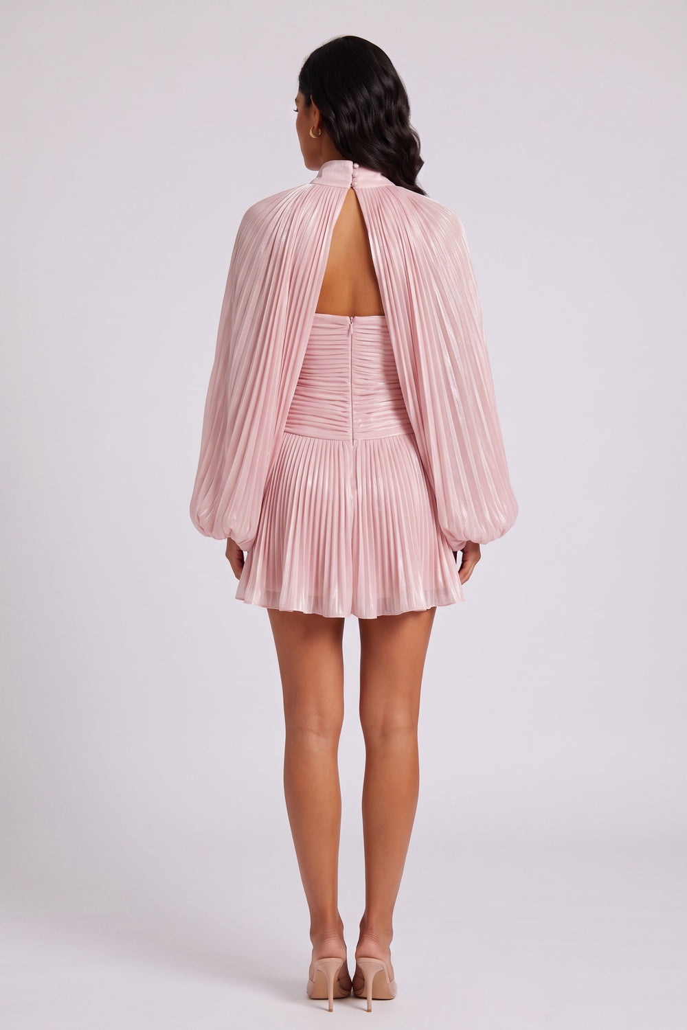 High Neck Keyhole Cape Puff Sleeve Ruched Pleated Mini Dress Flowering Girl