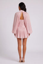 High Neck Keyhole Cape Puff Sleeve Ruched Pleated Mini Dress Flowering Girl