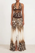 Halter Deep V Leopard Print Beaded Waist Split Maxi Dress Flowering Girl