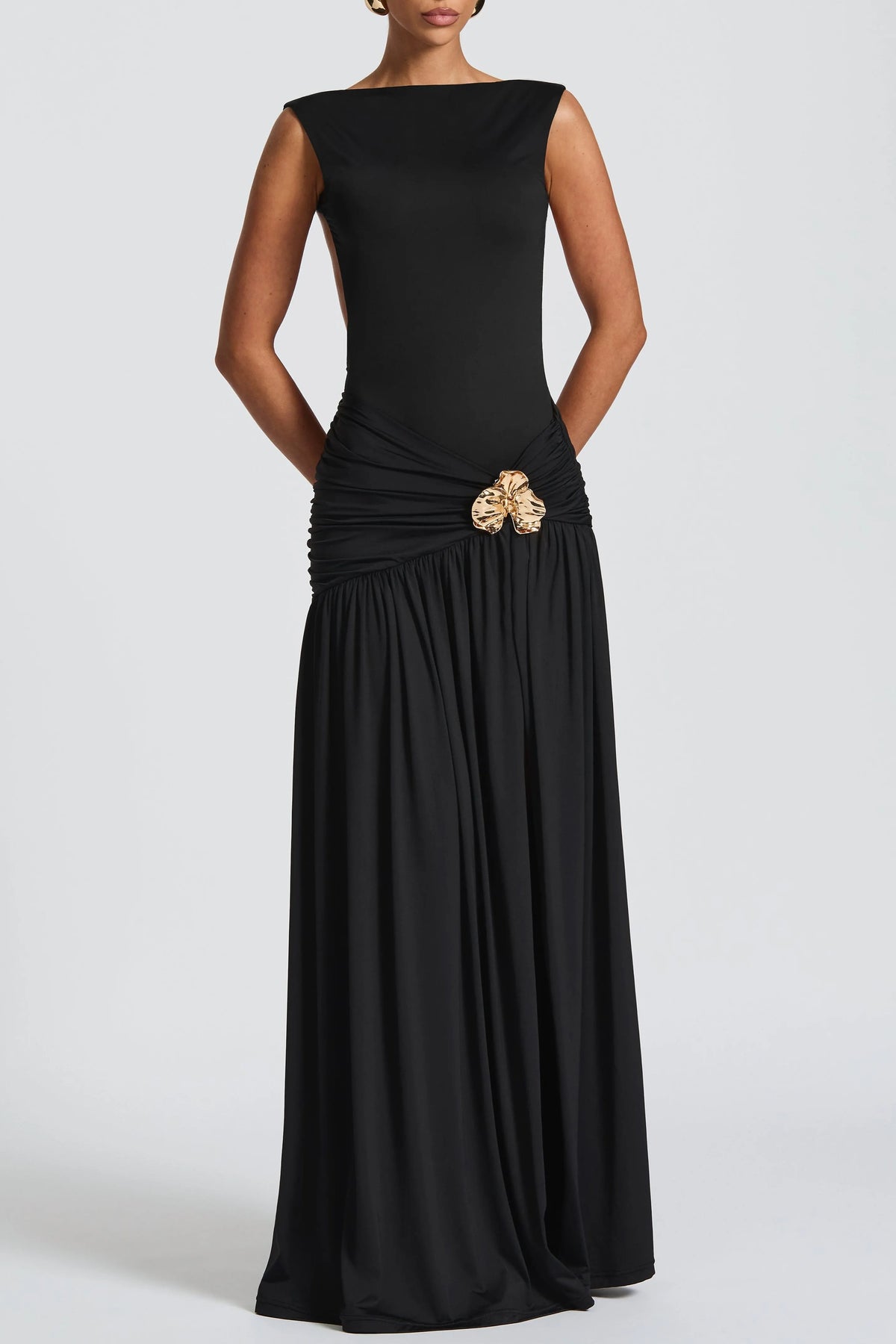 Tori Pleated High Slit Bodysuit - Black Flowering Girl