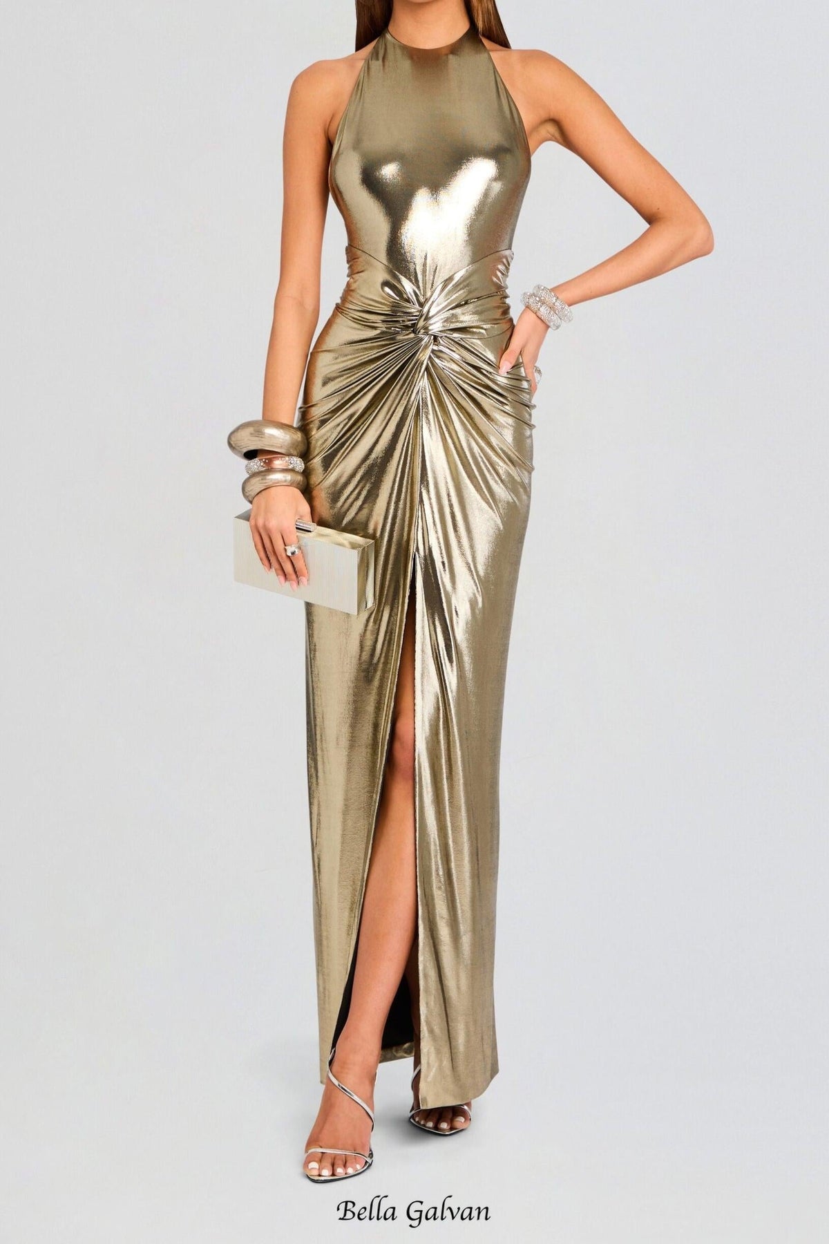 Champagne gold halter neck backless slit gown Flowering Girl